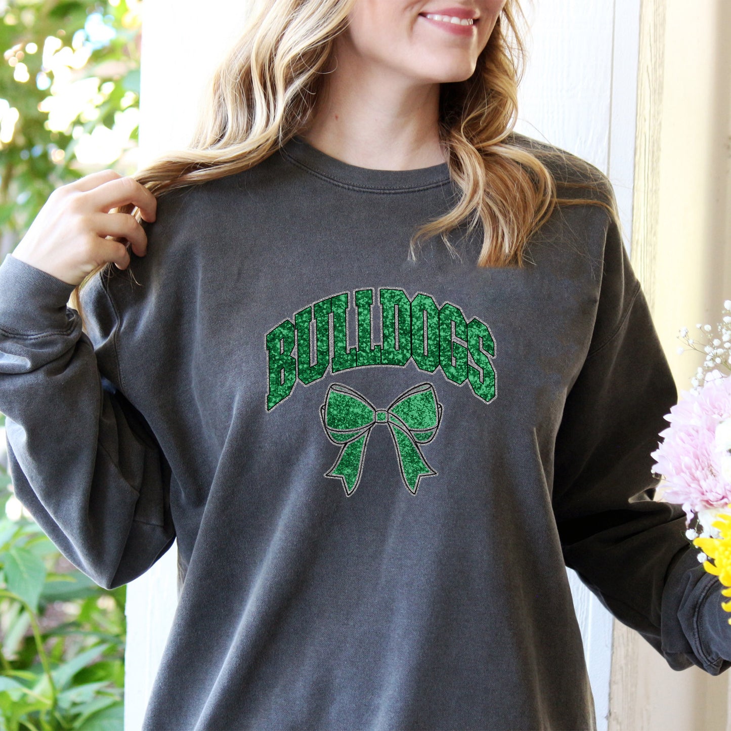 Bulldogs Collegiate Mascots Shirt - Faux Green Glitter