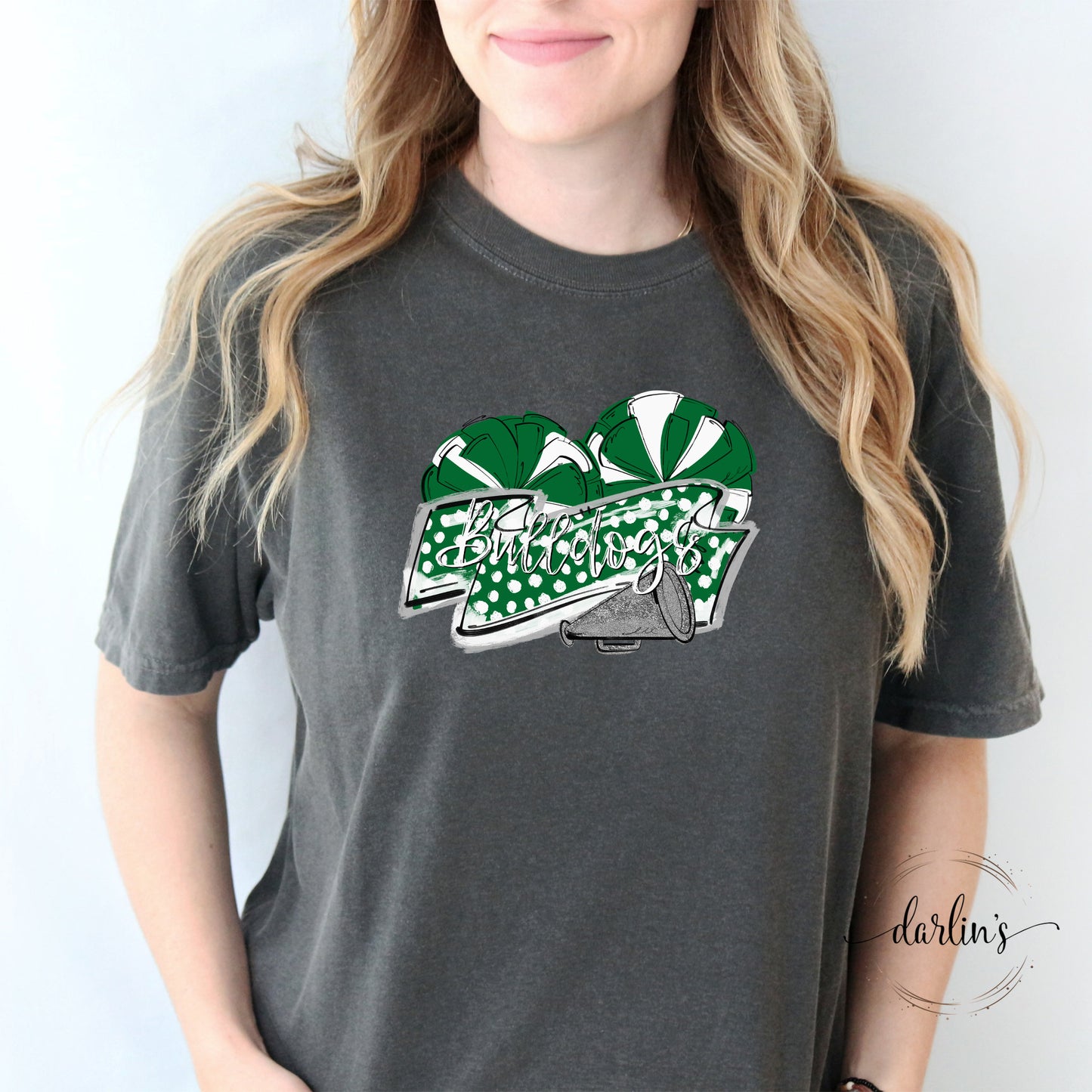 Cheer Banner Mascots - Mums The Word - Bulldogs - Kelly Green Silver Shirt