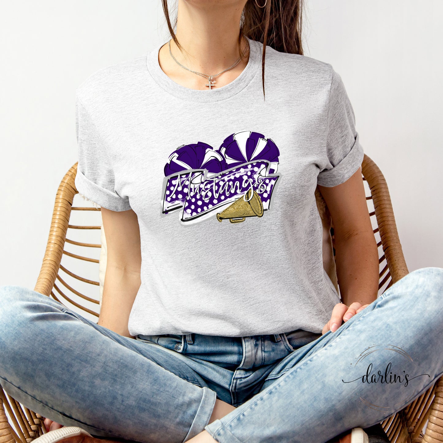 Cheer Banner Mascots - Mums The Word - Mustangs - Purple Gold Shirt