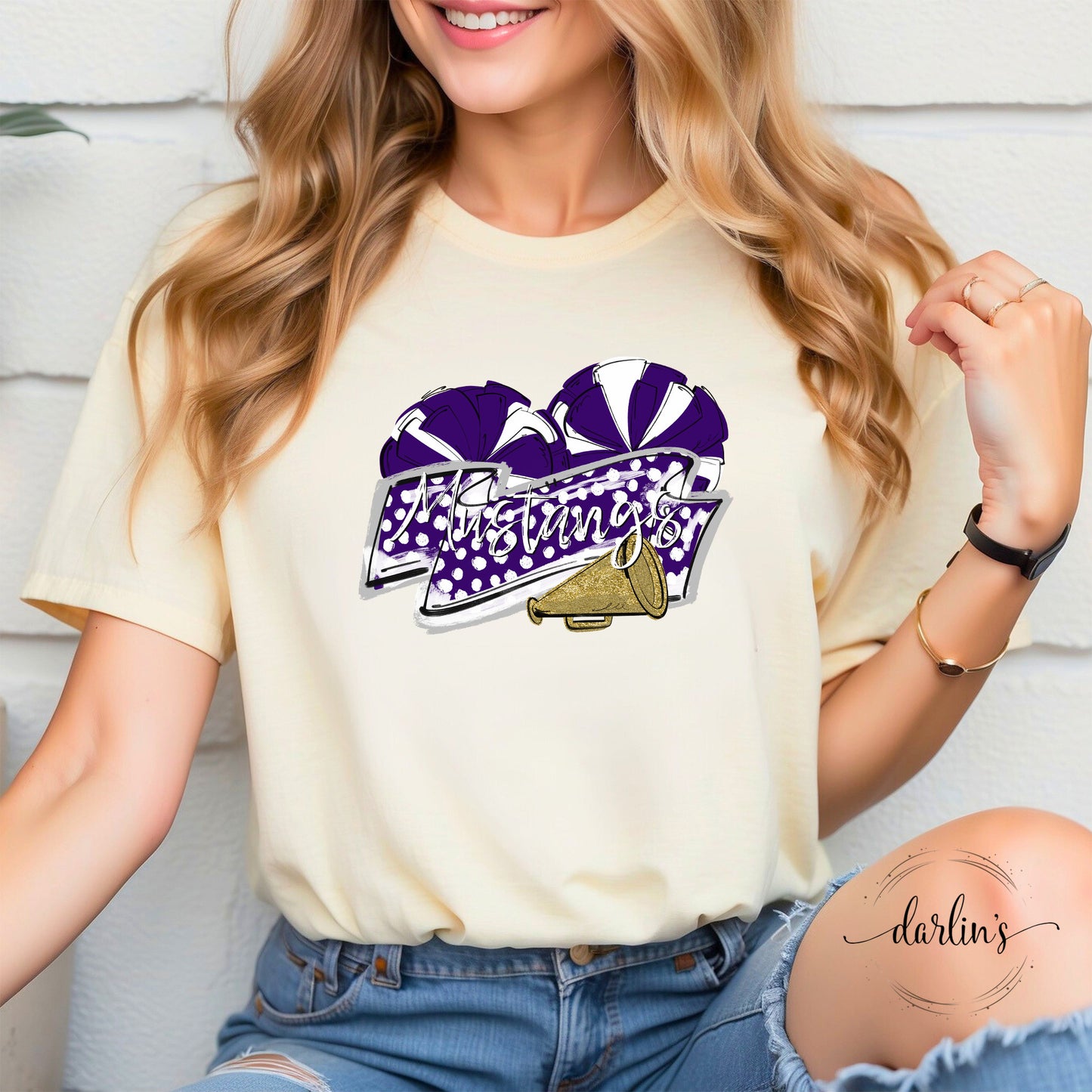 Cheer Banner Mascots - Mums The Word - Mustangs - Purple Gold Shirt