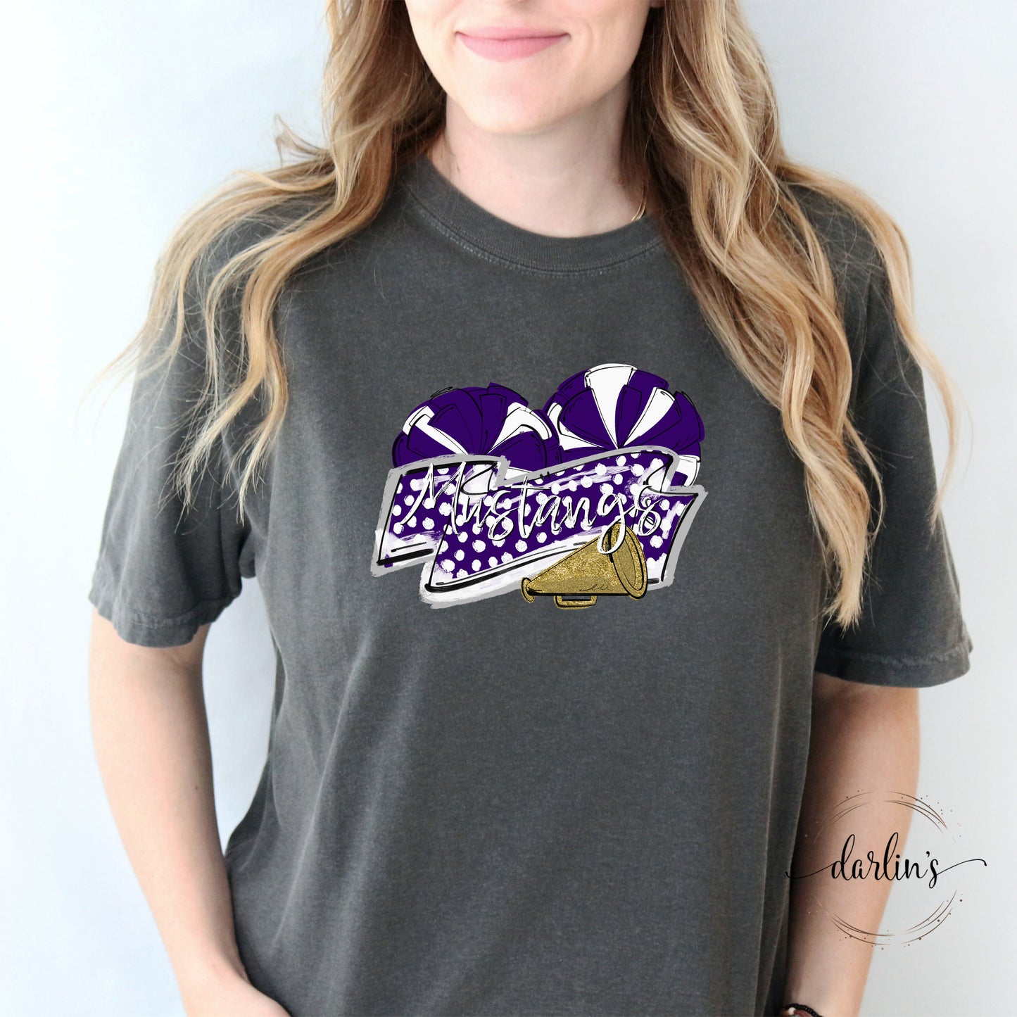Cheer Banner Mascots - Mums The Word - Mustangs - Purple Gold Shirt