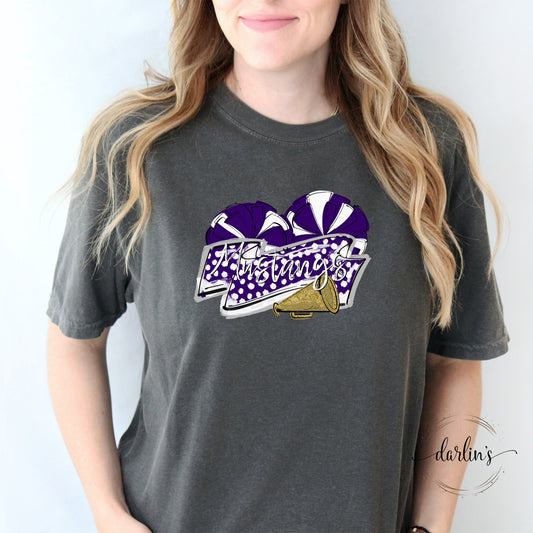 Cheer Banner Mascots - Mums The Word - Mustangs - Purple Gold Shirt