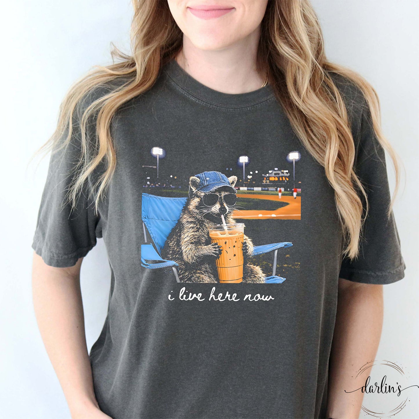 I Live Here Now Raccoon Ballfield Shirt
