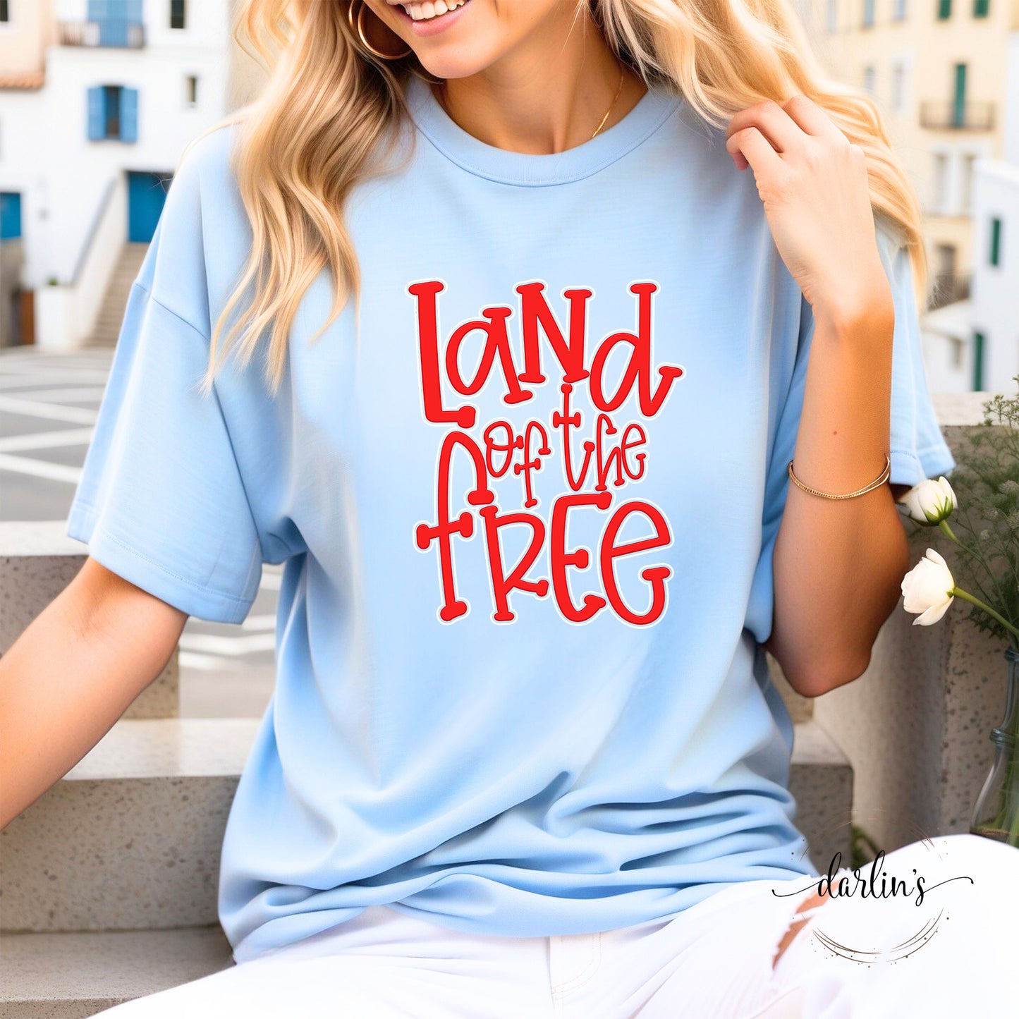 Land Of The Free Red With White Outline