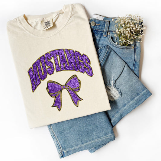 Mustangs Collegiate Mascots Shirt - Faux Purple And Gold Glitter