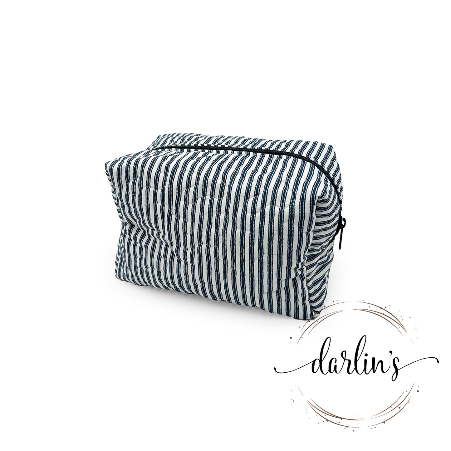 Makeup Bag - Large - Navy Ticking - Monogrammed