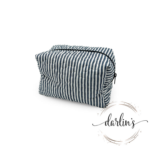 Makeup Bag - Large - Navy Ticking - Monogrammed