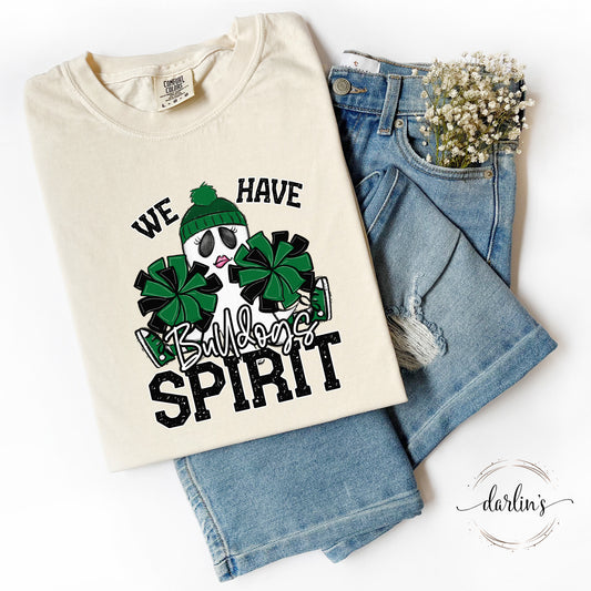 We Have Spirit Ghost Cheerleader - Bulldogs - Kelly Green Shirt