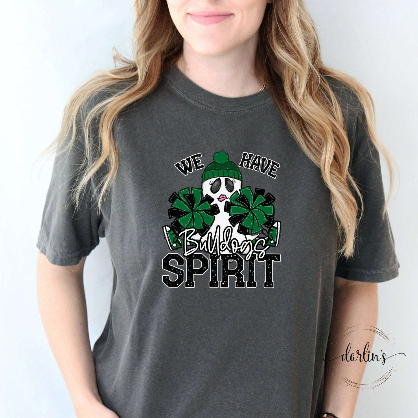 We Have Spirit Ghost Cheerleader - Bulldogs - Kelly Green Shirt