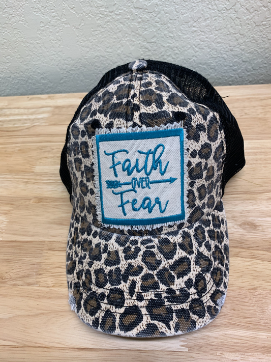 Faith Over Fear Turquoise Stitched on Animal Print Hat