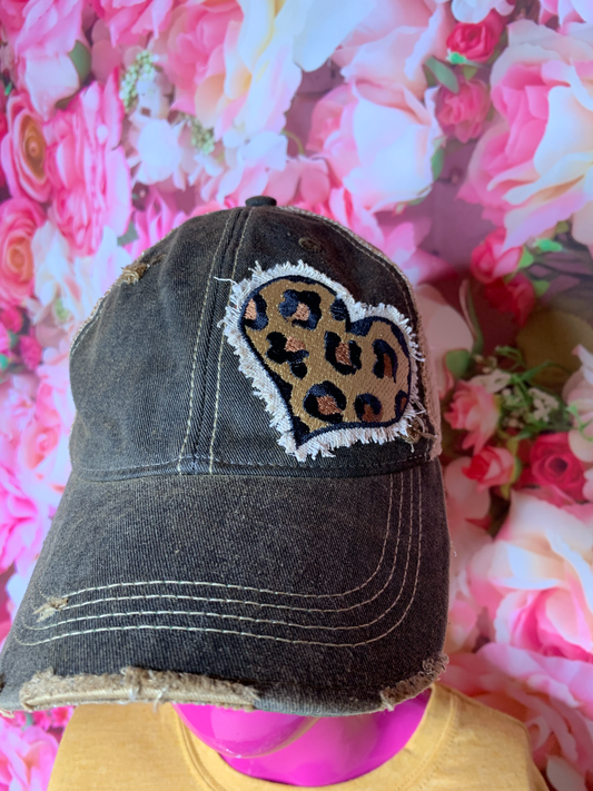 Animal Print Heart on Black Distressed Hat