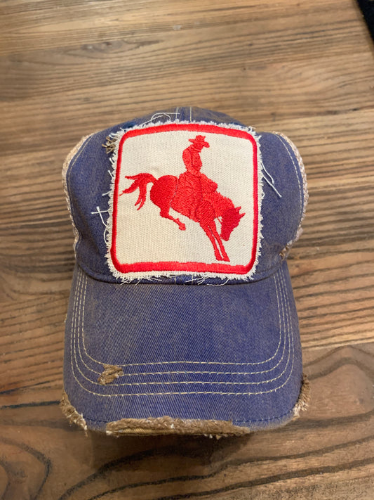 Red Cowboy on Vintage Blue Distressed Hat