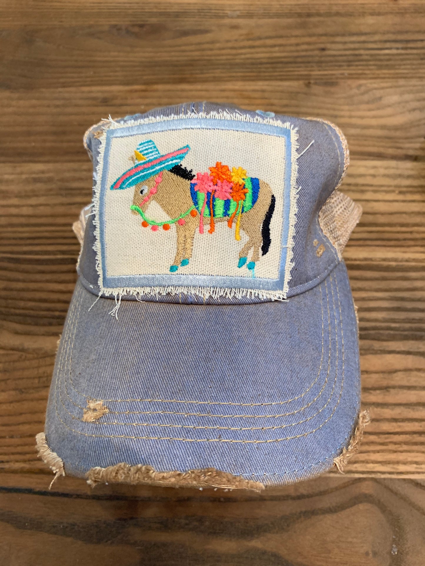 Fiesta Donkey on Distressed Light Blue Hat