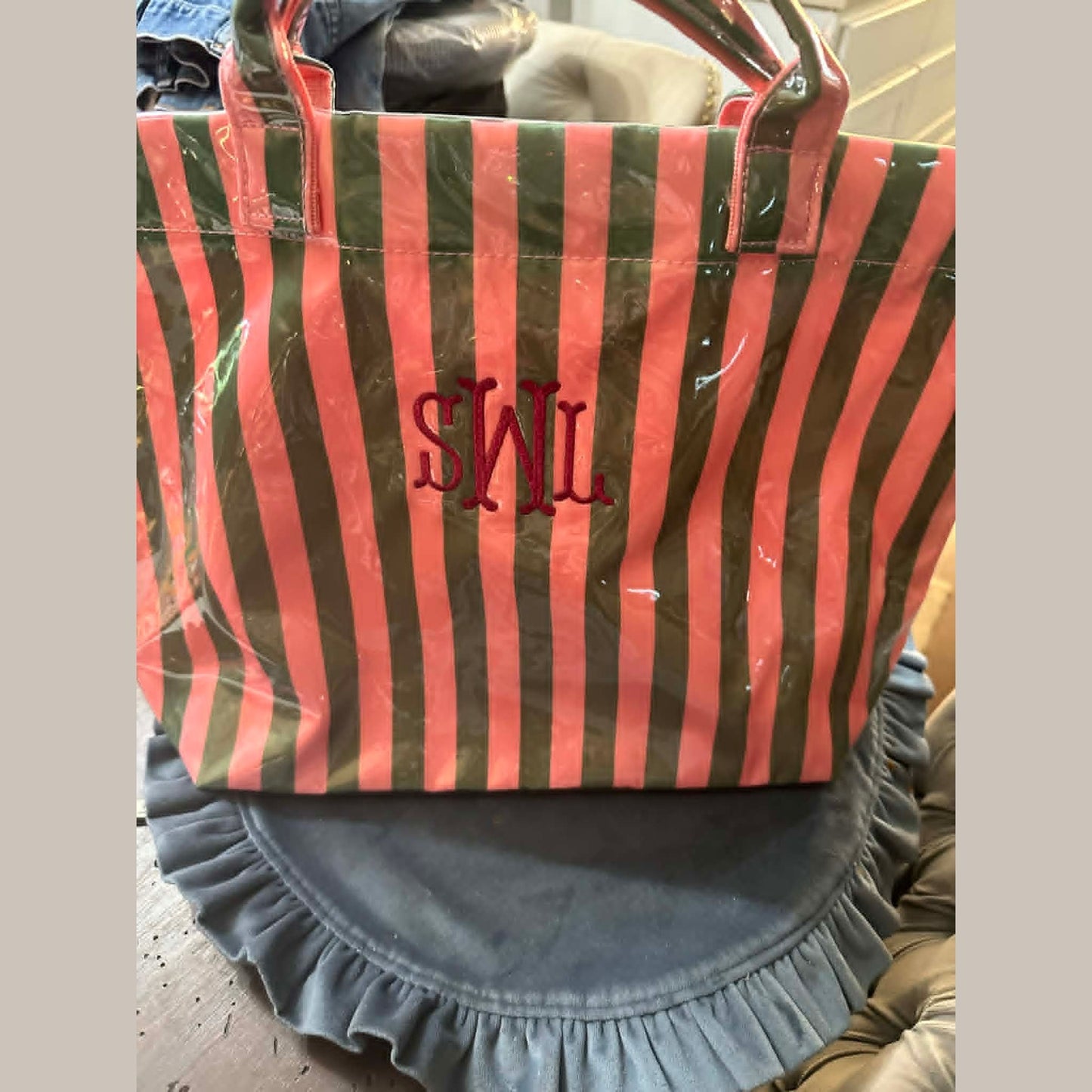Striped PVC Tote Bag - Embroidery Monogram