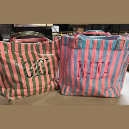 Striped PVC Tote Bag - Embroidery Monogram