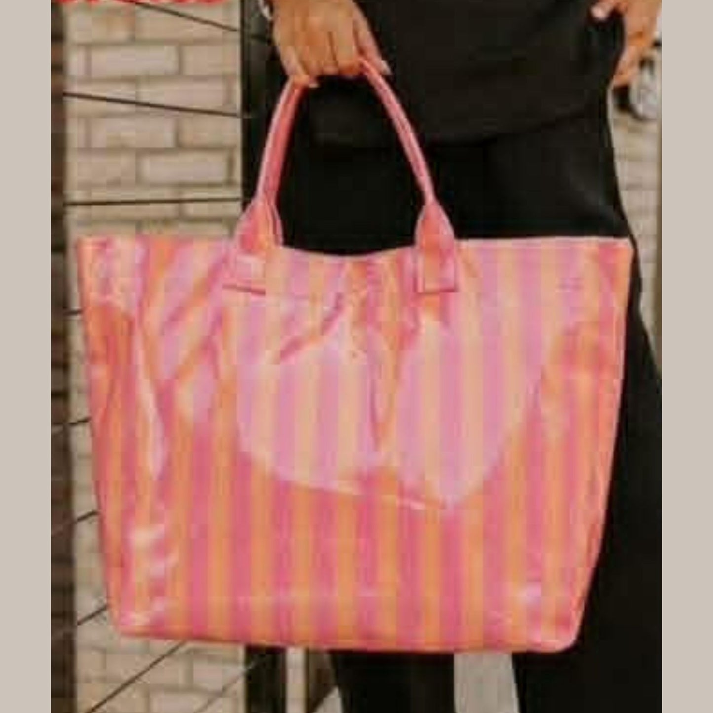 Striped PVC Tote Bag - Embroidery Monogram