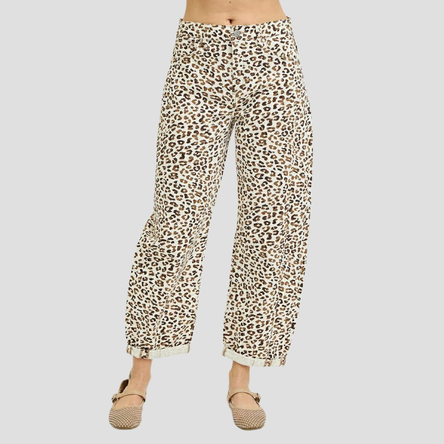 Women's Cream Leopard Print Cuffed Jeans