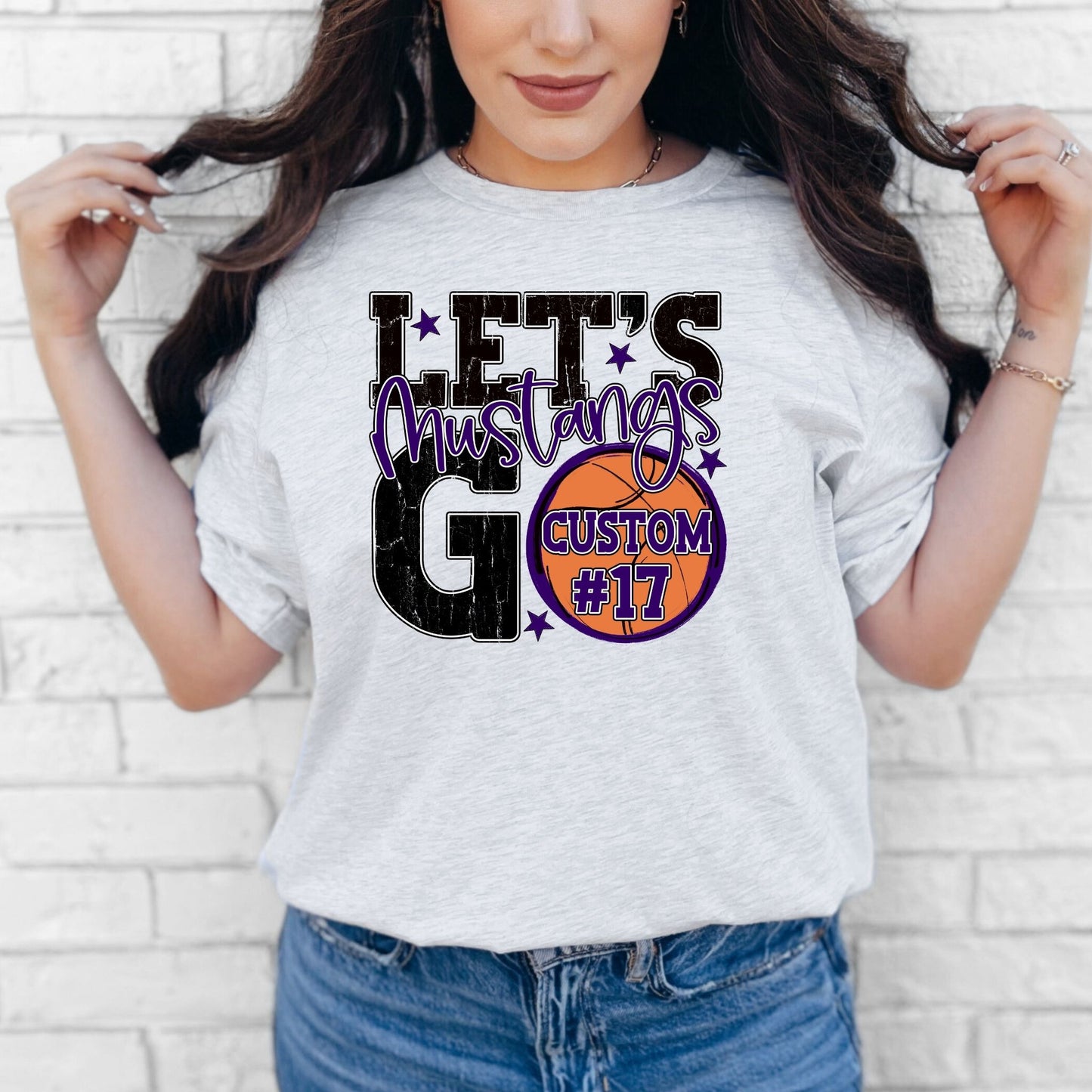 Mustangs Spirit Stacked Lets Go Basketball Customizable Shirt