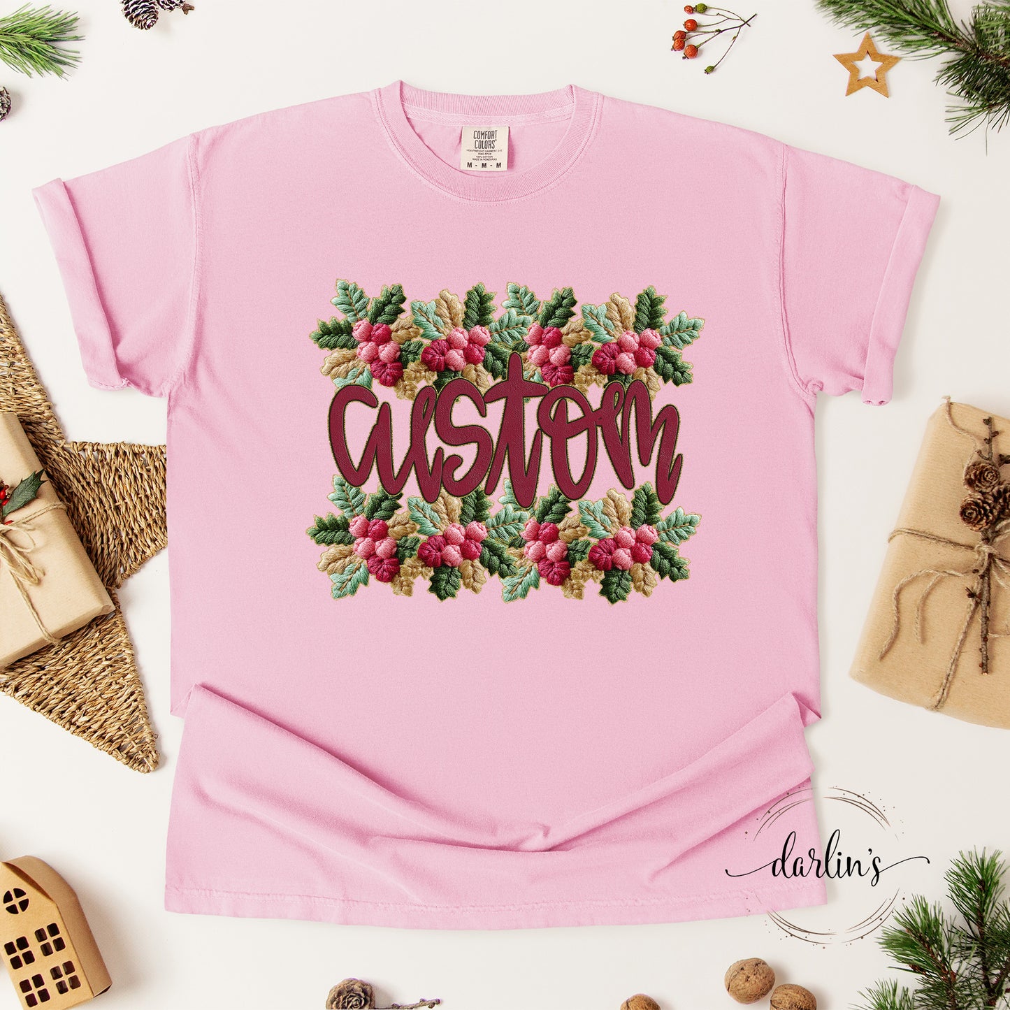 French Knot Holly Border Name Customizable Shirt