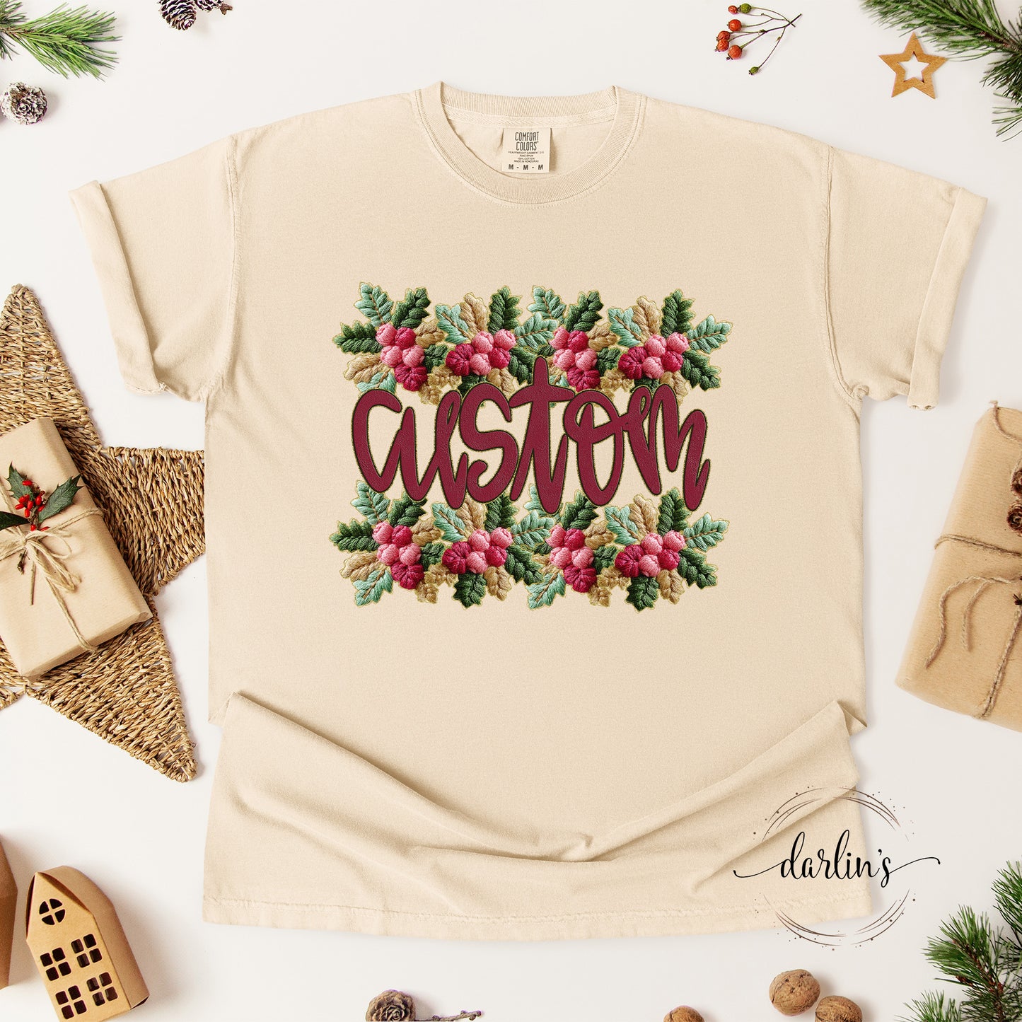 French Knot Holly Border Name Customizable Shirt