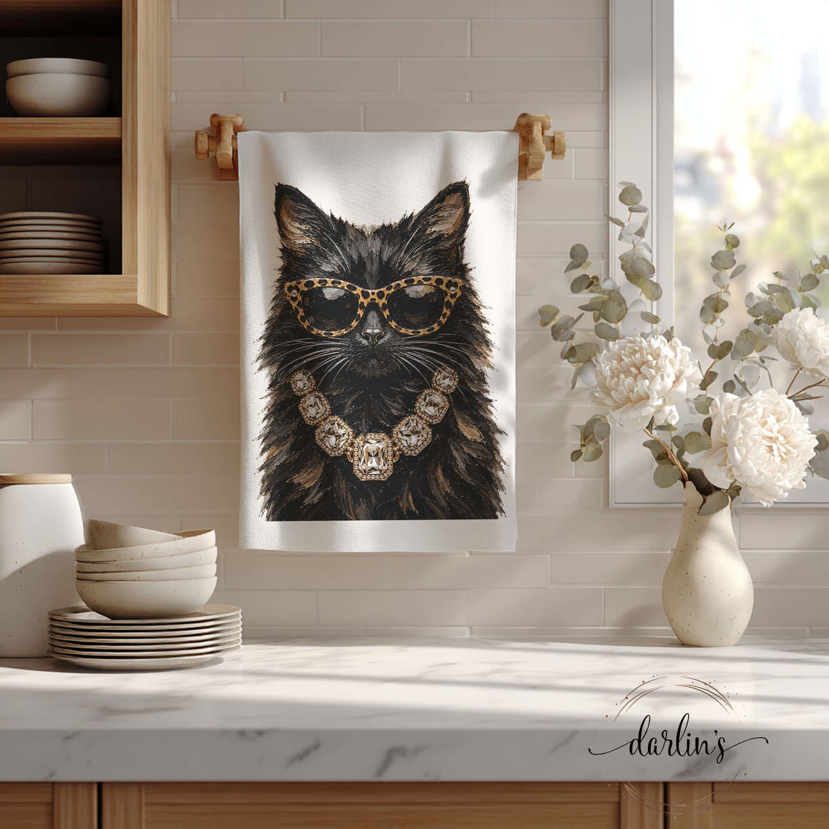Glam Black Cat Kitchen Towel