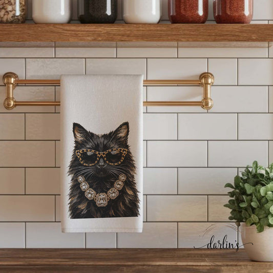 Glam Black Cat Kitchen Towel