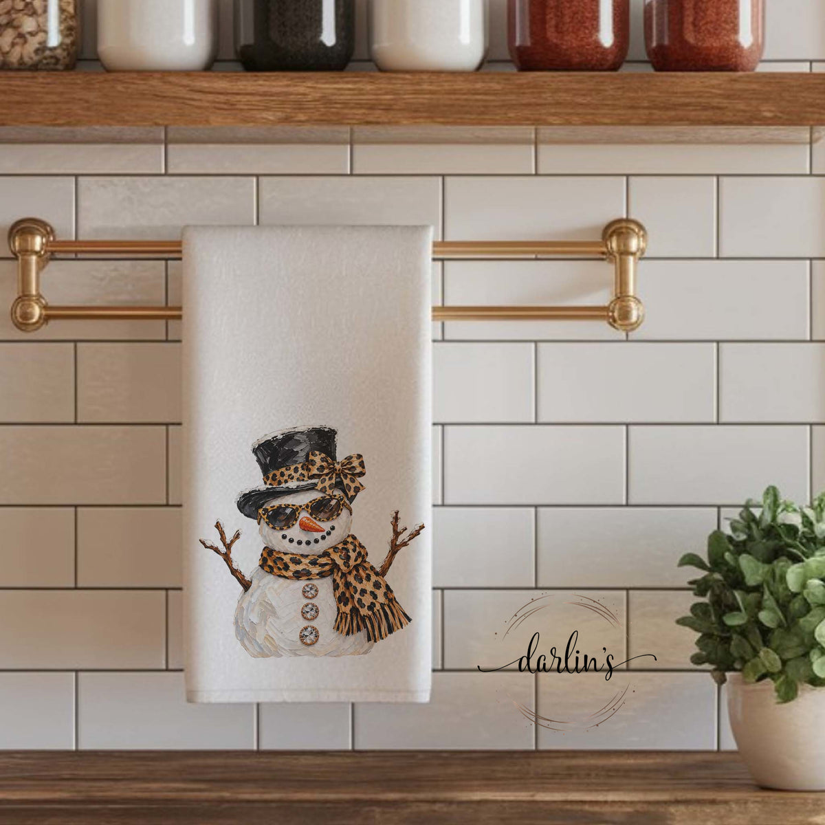 Glam Snowman Leopard Kitchen Towel