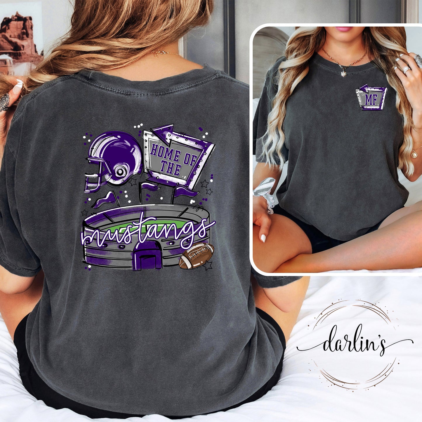Home of the Stadiums - Mustangs - Front Pocket and Back Designs Shirt