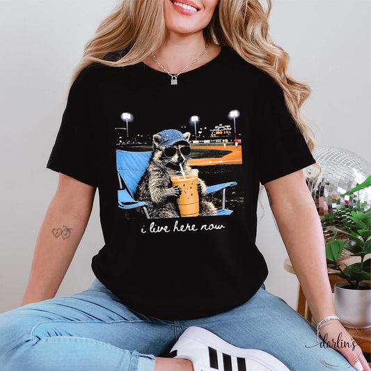 I Live Here Now Raccoon Ballfield Shirt