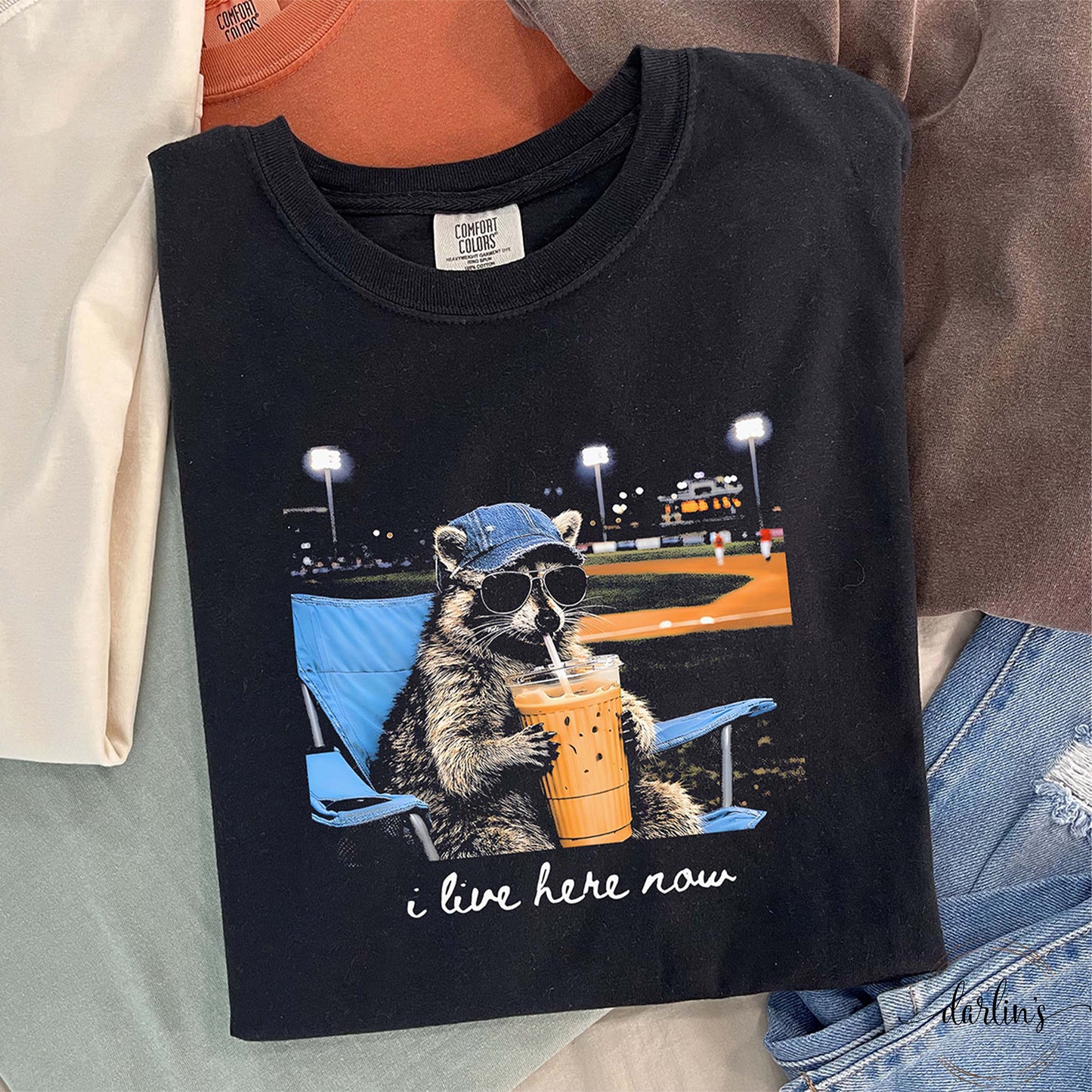 I Live Here Now Raccoon Ballfield Shirt