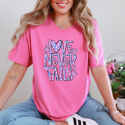 Love Never Fails Pink and Purple Shirt