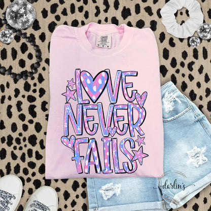 Love Never Fails Pink and Purple Shirt