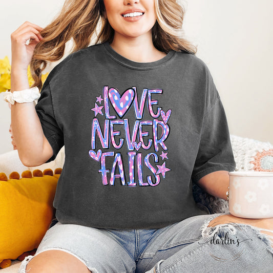 Love Never Fails Pink and Purple Shirt