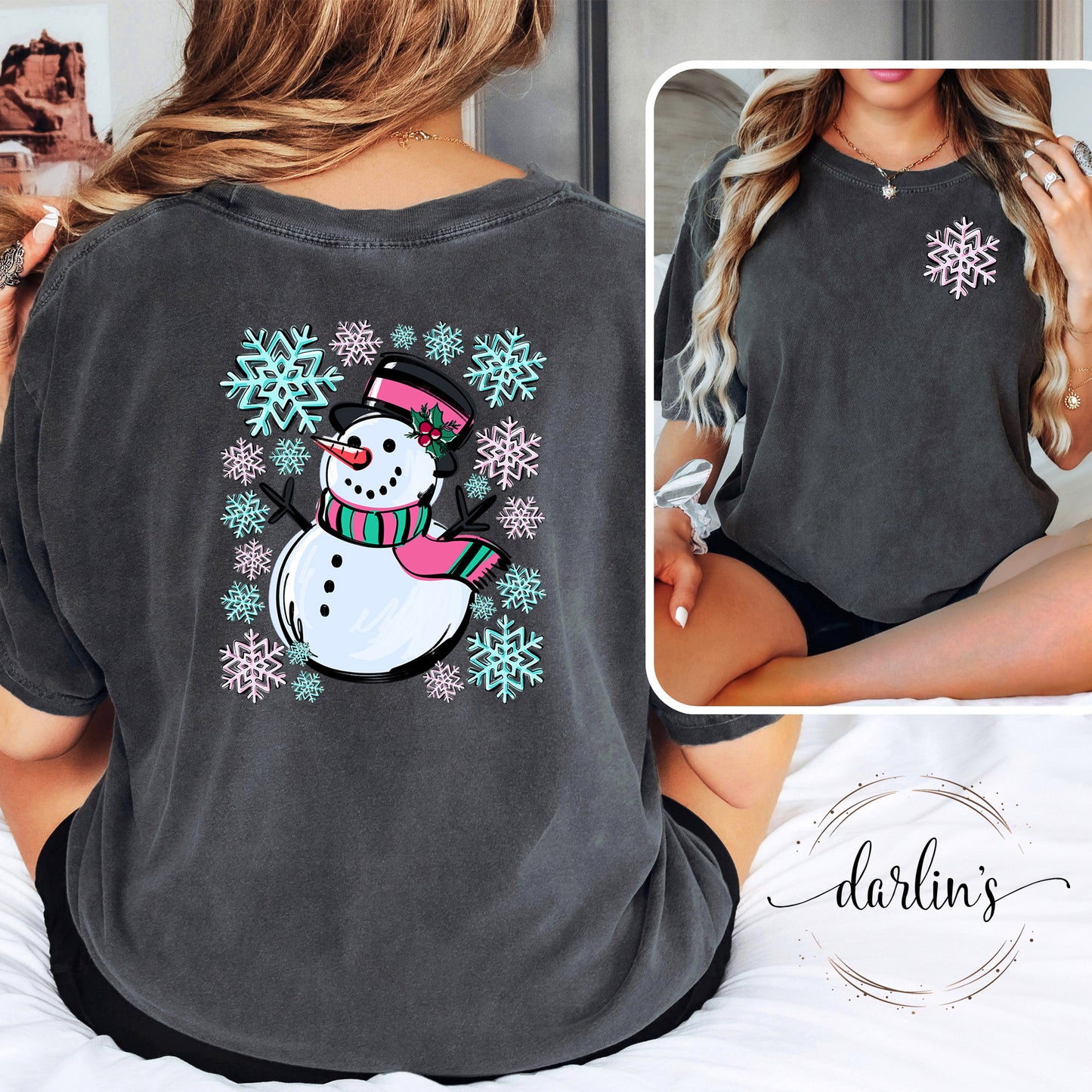 Snowman Scene Shirt - Front Pocket And Back Designs