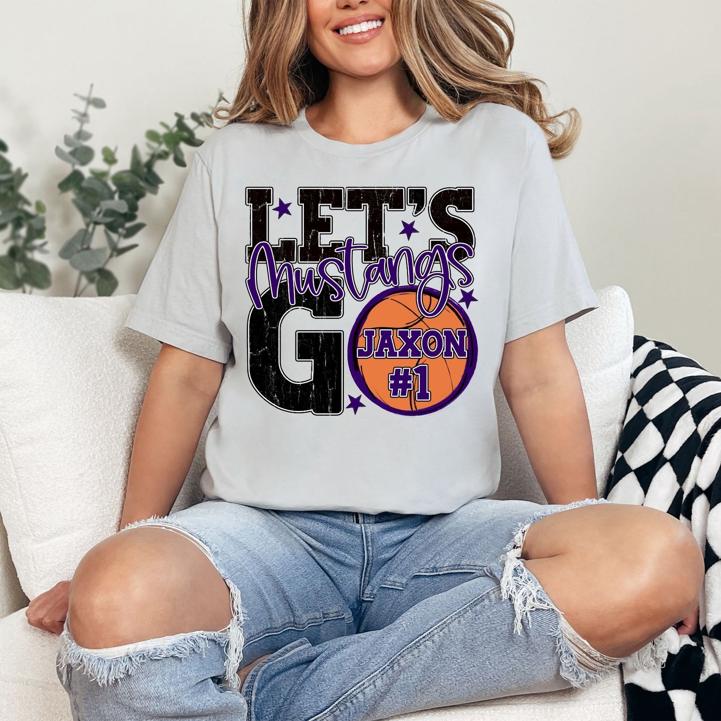 Mustangs Spirit Stacked Lets Go Basketball Customizable Shirt