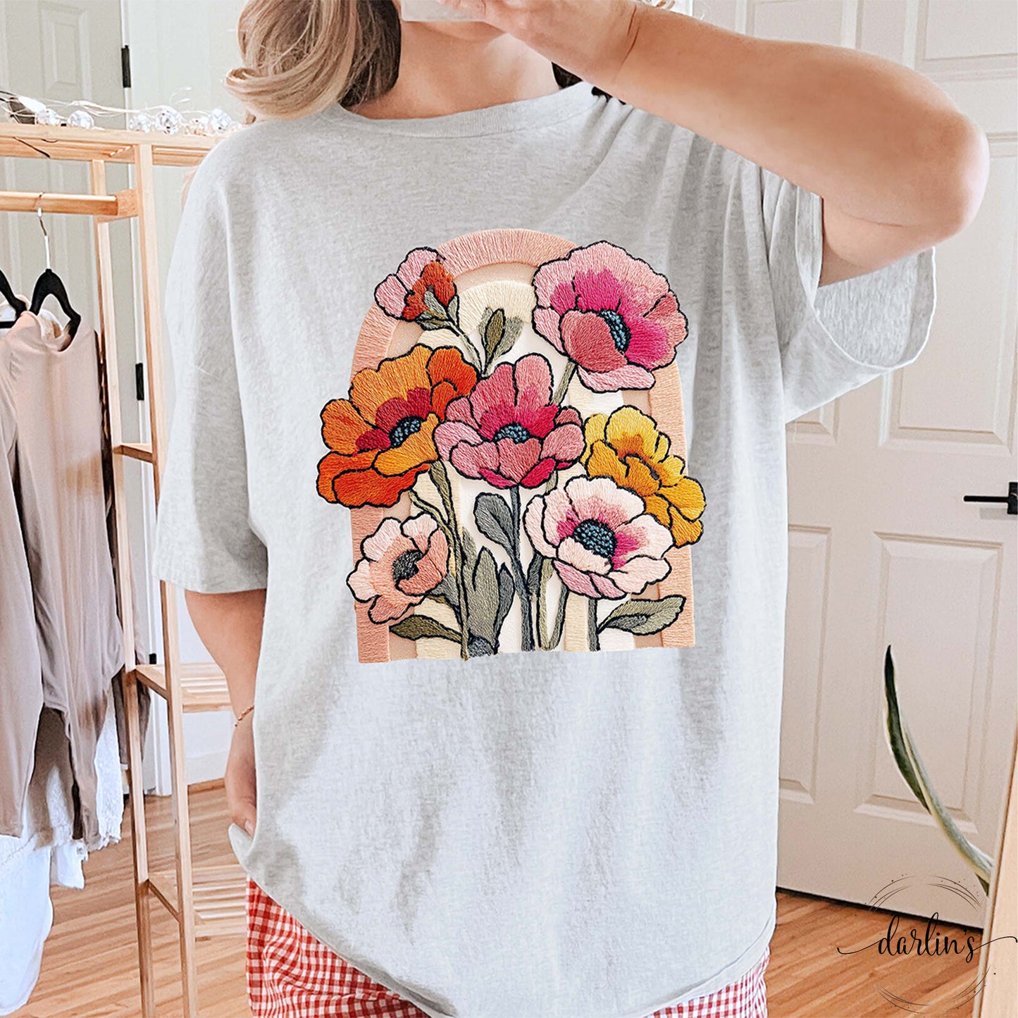 Spring Flowers Faux Embroidery Shirt