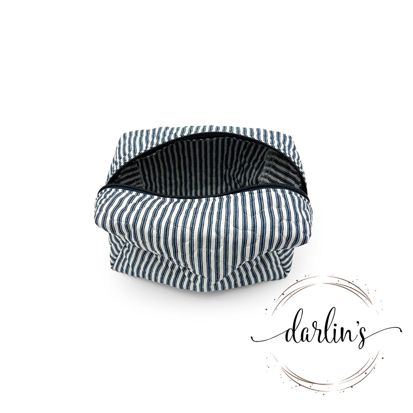 Makeup Bag - Large - Navy Ticking - Monogrammed