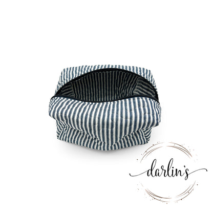 Makeup Bag - Large - Navy Ticking - Monogrammed