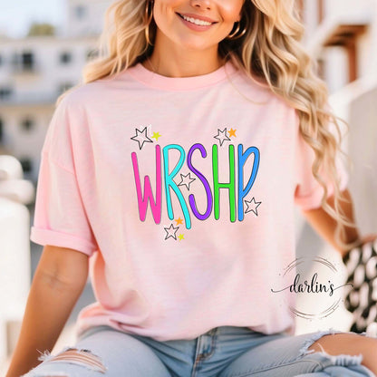 Wrshp Bright Lettering With Stars Shirt
