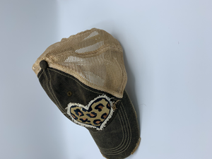 Animal print heart on black distressed hat