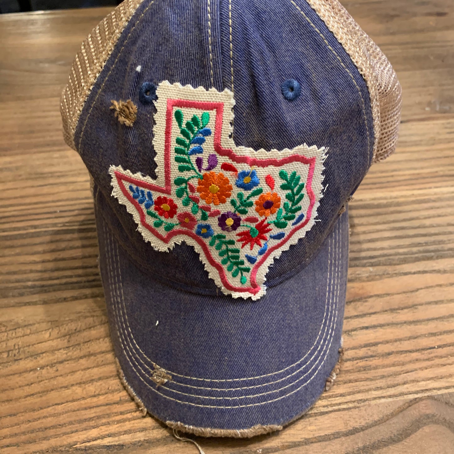 Texas Floral on Vintage Blue Distressed Hat
