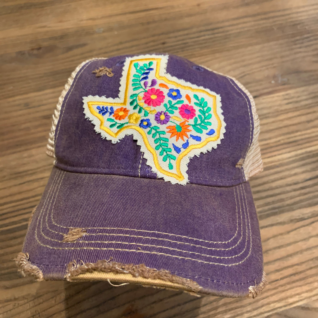 Texas Floral on Purple Distressed Hat