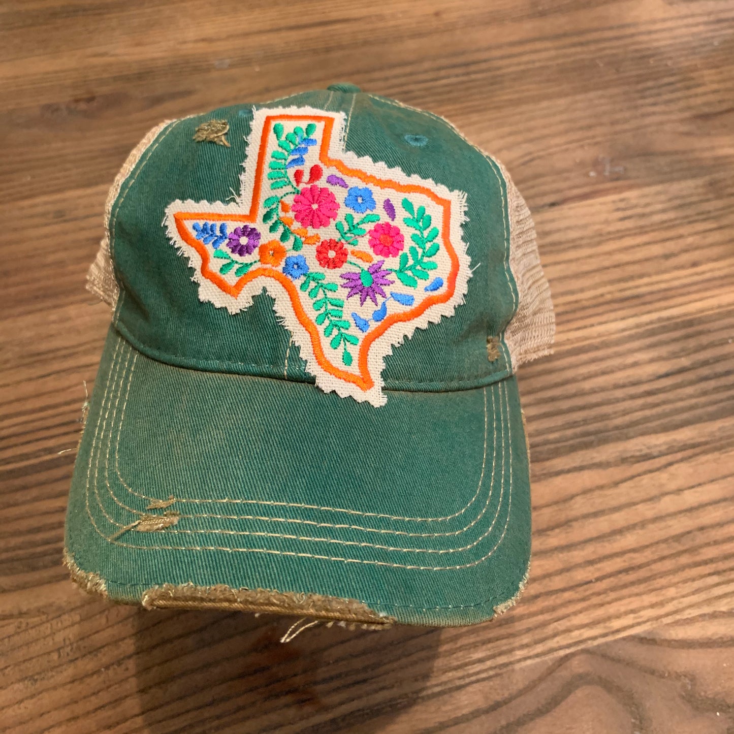 Texas Floral on Green Distressed Hat