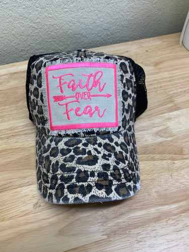 Faith over Fear distressed leopard hat with hot pink stitching